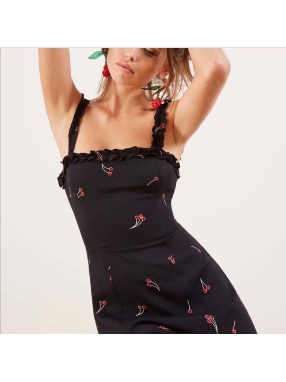 Reformation Black Midi Dress with Red Cherry Print